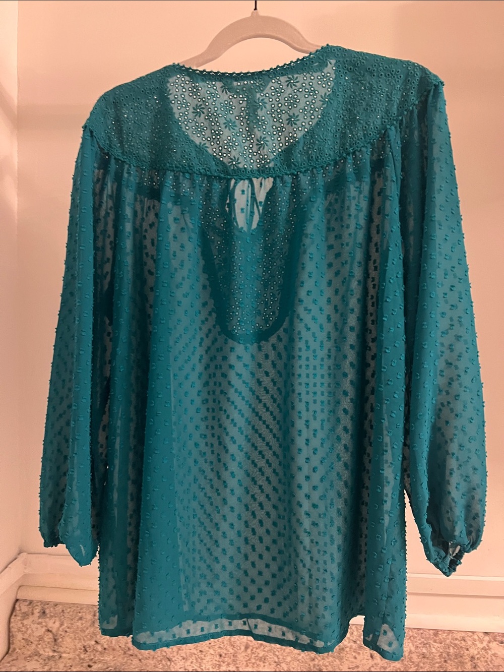 Matilda Jane Teal Swiss Dot Tie-Neck Peasant Blouse - Picture 9 of 13